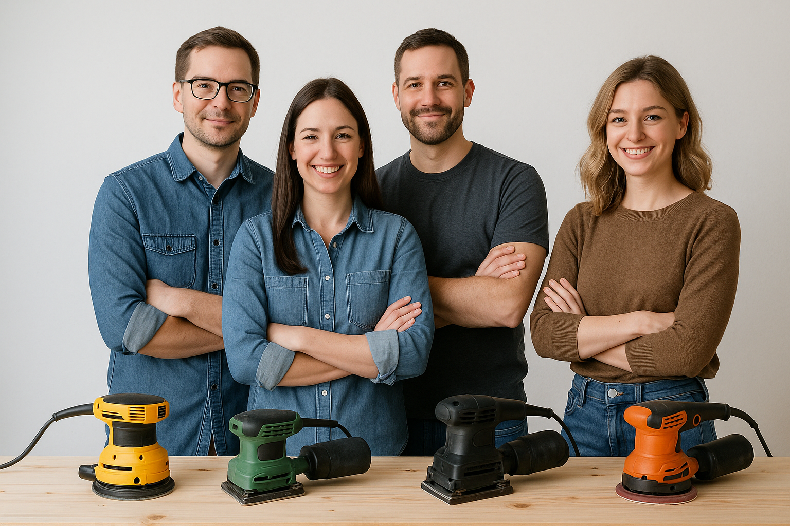 Team members evaluating sanding tools for furniture